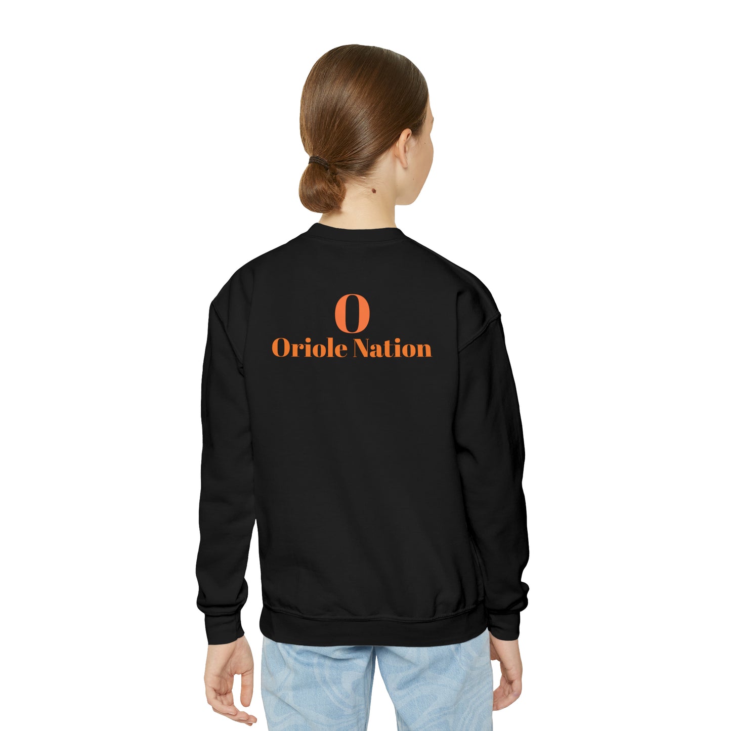 Ludington O with back Oriole Nation Youth Crewneck Sweatshirt