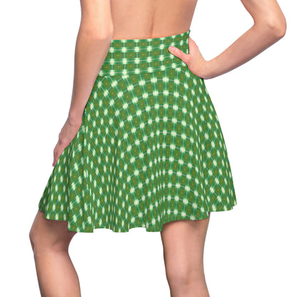 Green and White Print Women's Skater Skirt (AOP)