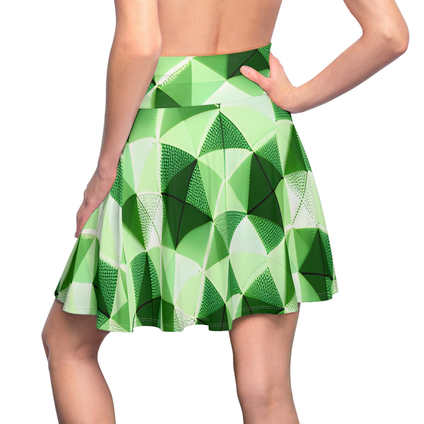 Go Green and White Geo Print Women's Skater Skirt (AOP)