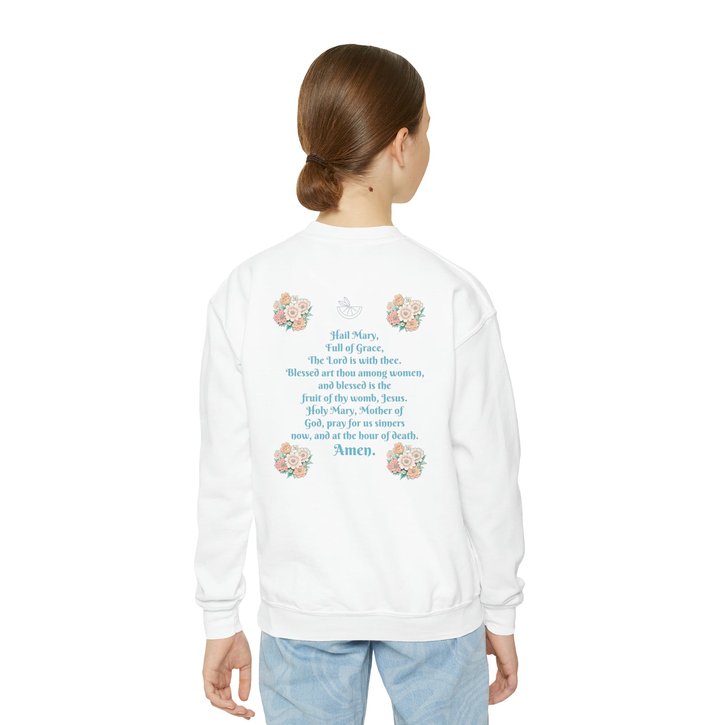 Mary Flowers w Prayer Youth Crewneck Sweatshirt