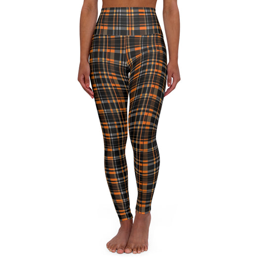 HLC Black, Gray and Orange Plaid High Waisted Yoga Leggings (AOP)