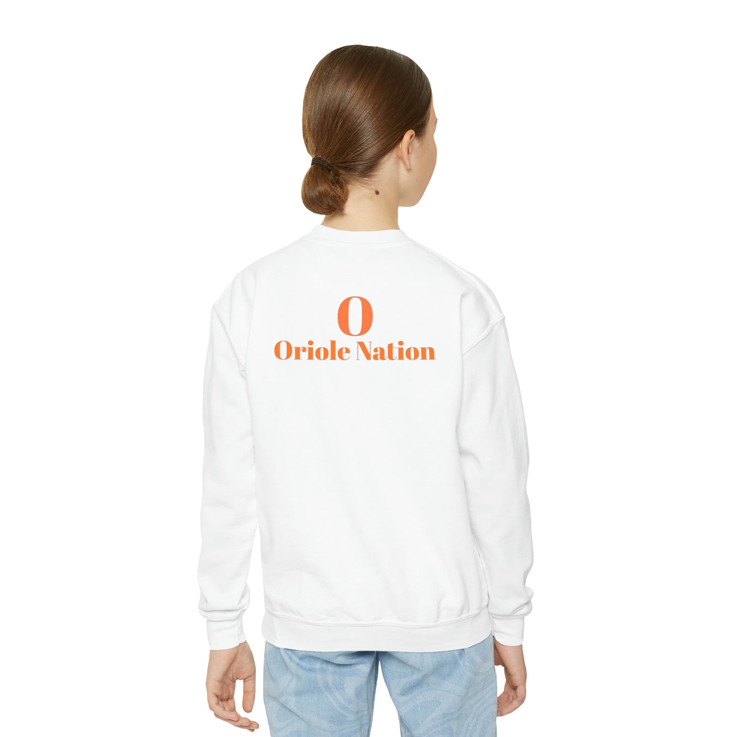 Ludington O with back Oriole Nation Youth Crewneck Sweatshirt