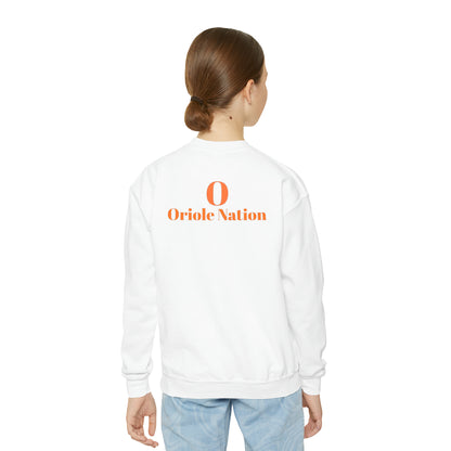 Ludington O with back Oriole Nation Youth Crewneck Sweatshirt