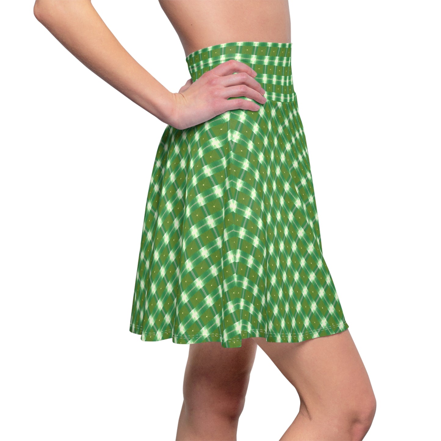 Green and White Print Women's Skater Skirt (AOP)