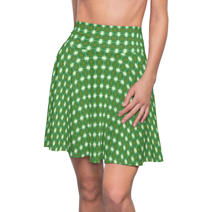 Green and White Print Women's Skater Skirt (AOP)