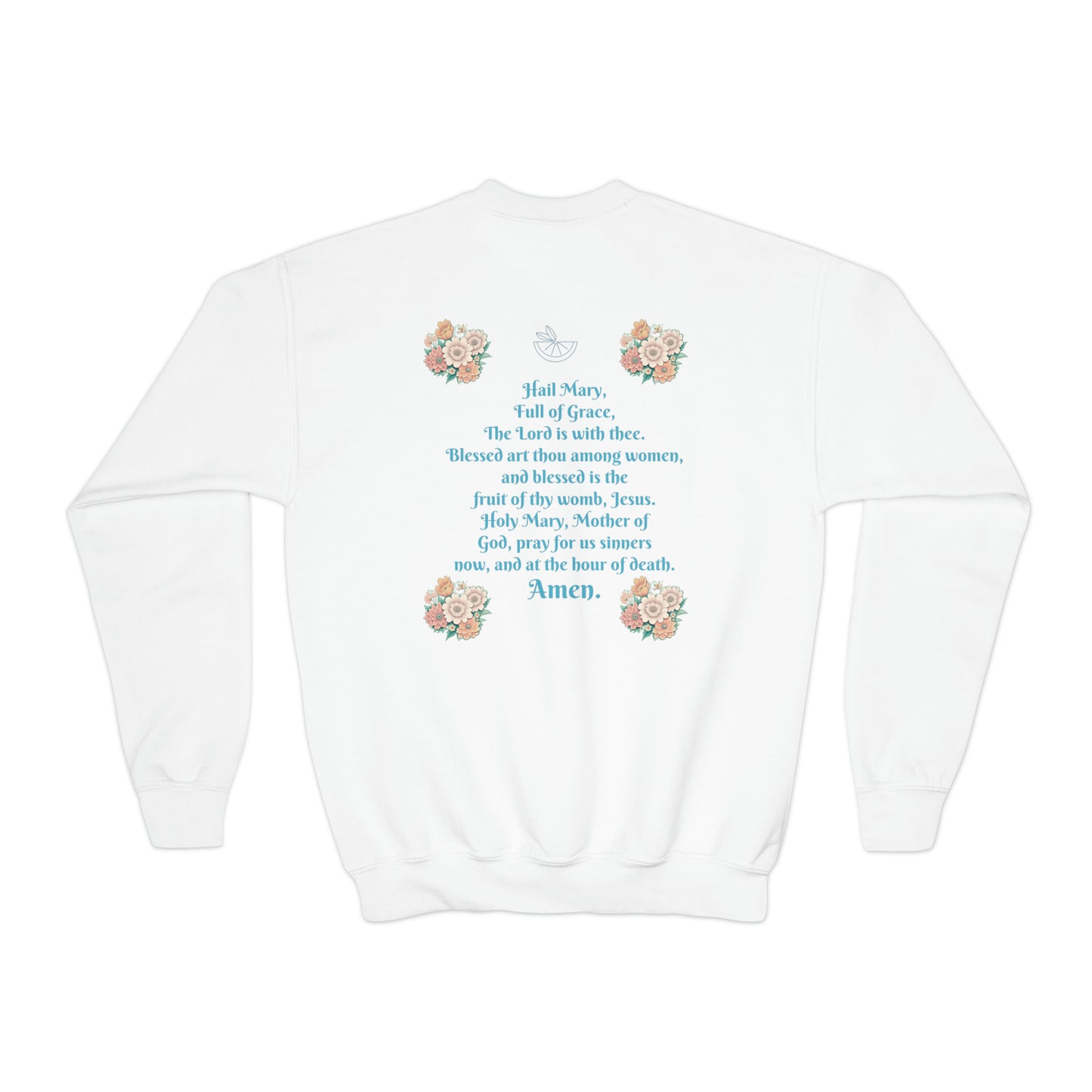 Mary Flowers w Prayer Youth Crewneck Sweatshirt