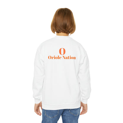 Ludington O with back Oriole Nation Youth Crewneck Sweatshirt