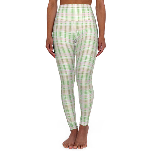 Green and Pink Plaid High Waisted Yoga Leggings (AOP)