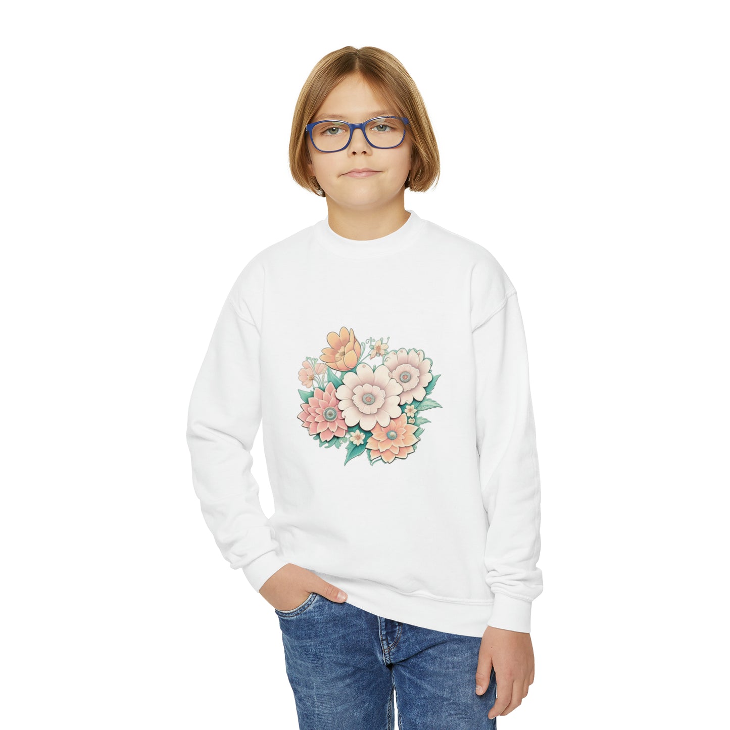 Mary Flowers w Prayer Youth Crewneck Sweatshirt