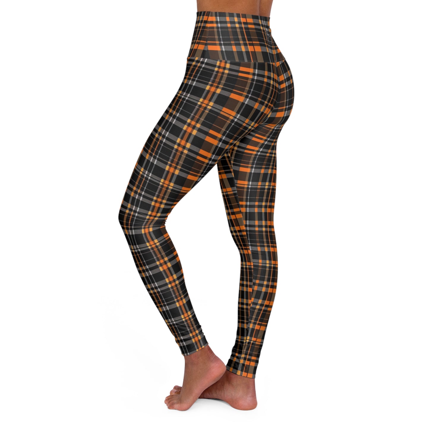 HLC Black, Gray and Orange Plaid High Waisted Yoga Leggings (AOP)