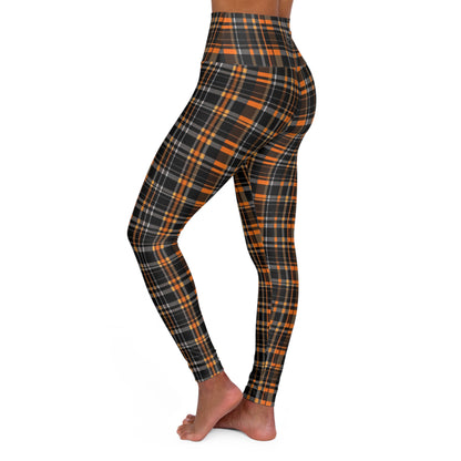 HLC Black, Gray and Orange Plaid High Waisted Yoga Leggings (AOP)