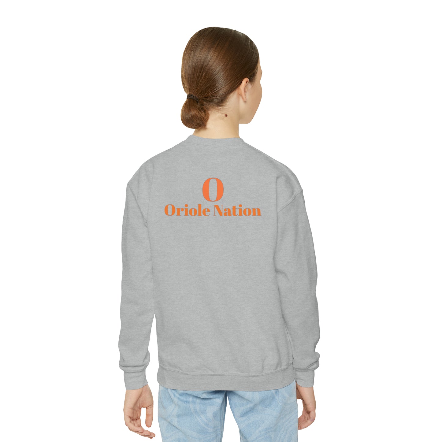 Ludington O with back Oriole Nation Youth Crewneck Sweatshirt