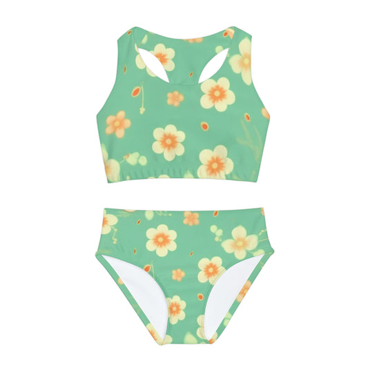 Vintage Coral Flowers Girls Two Piece Swimsuit (AOP)