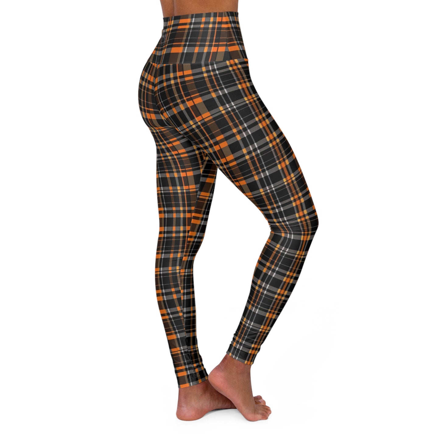 HLC Black, Gray and Orange Plaid High Waisted Yoga Leggings (AOP)